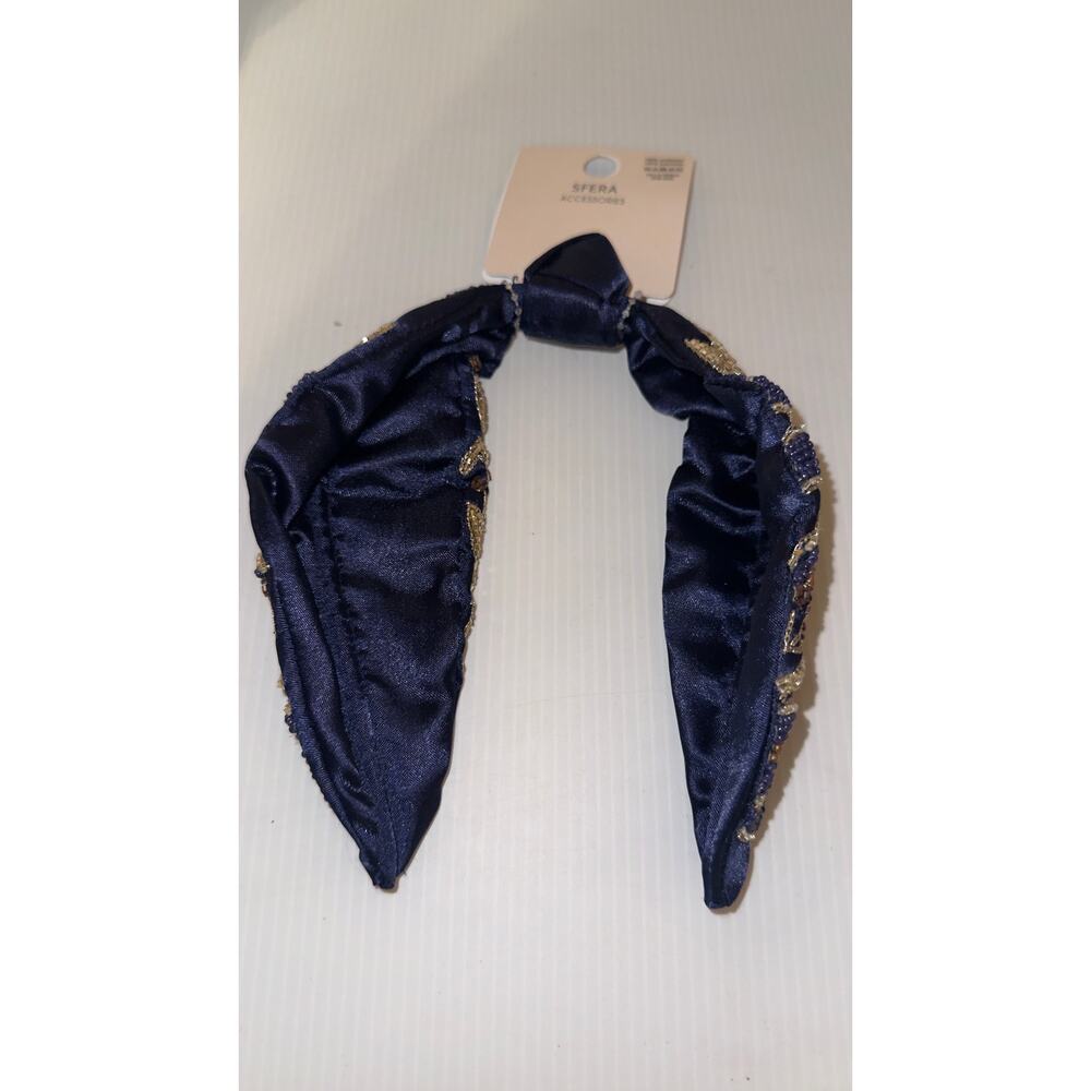 Elegant Navy Beaded Headband with Gold & Bronze Floral Embroidery - Picture 7 of 10